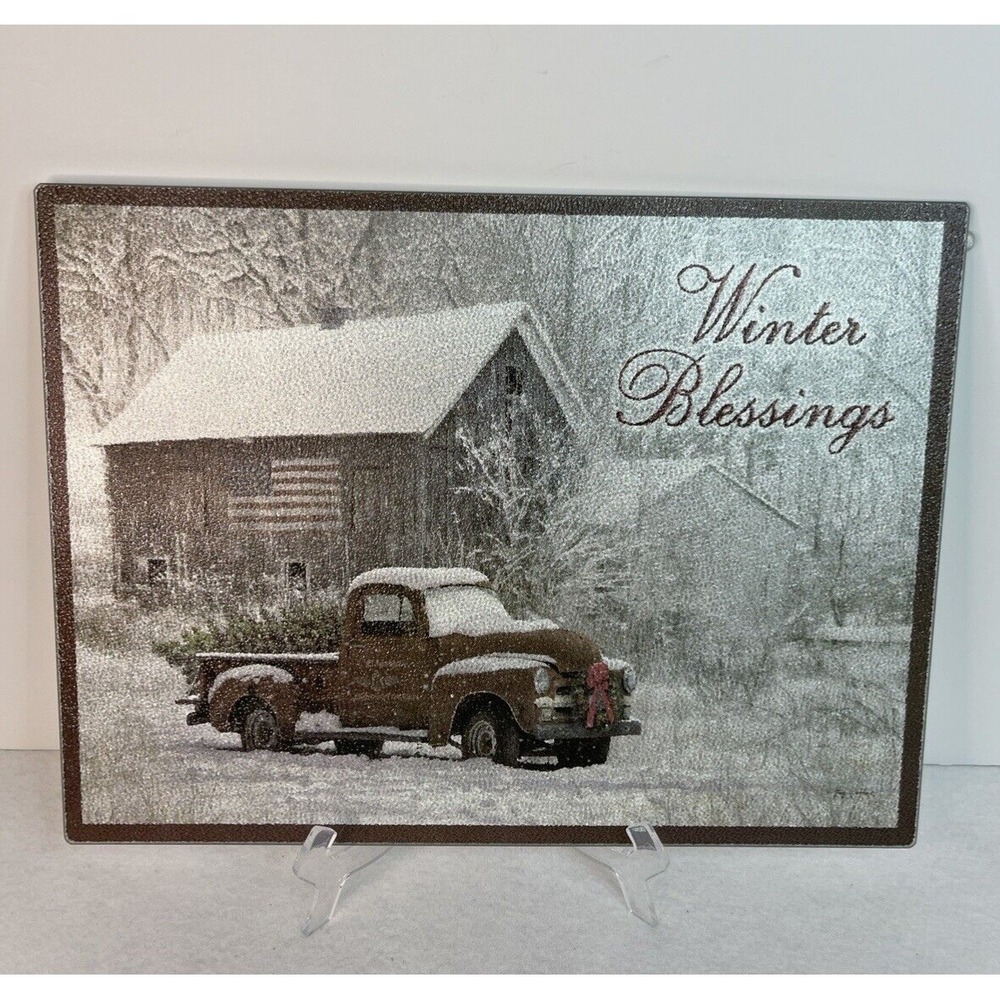 Tempered Glass Cutting Board, 12 by 16 Inches Vintage Truck Winter Blessings